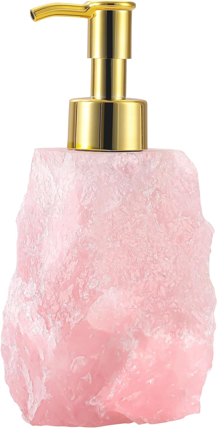Rose Quartz Soap Dispenser with Gold Pump - Natural Crystal Stone for Bathroom