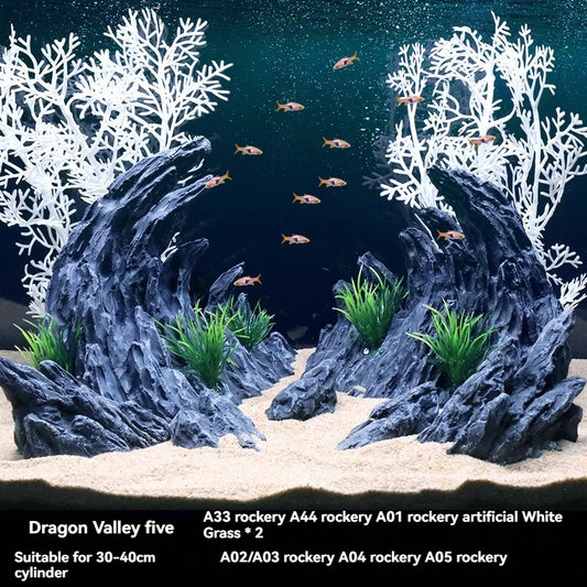 Blue Dragon Stone Canyon Aquarium Decoration Set - Rockery and Aquatic Plant Ornaments