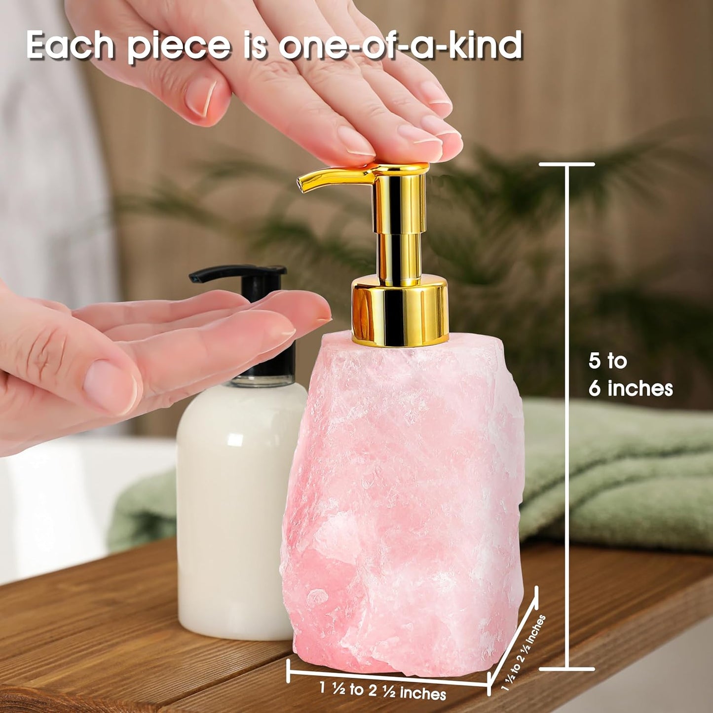 Rose Quartz Soap Dispenser with Gold Pump - Natural Crystal Stone for Bathroom