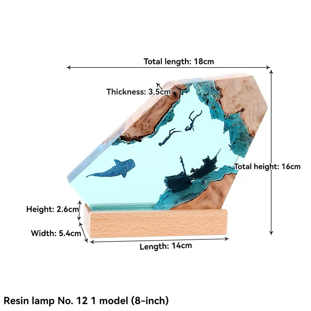 Ocean Art Shipwreck Night Light - Wooden Resin Shark & Whale Ornament for Home or Office