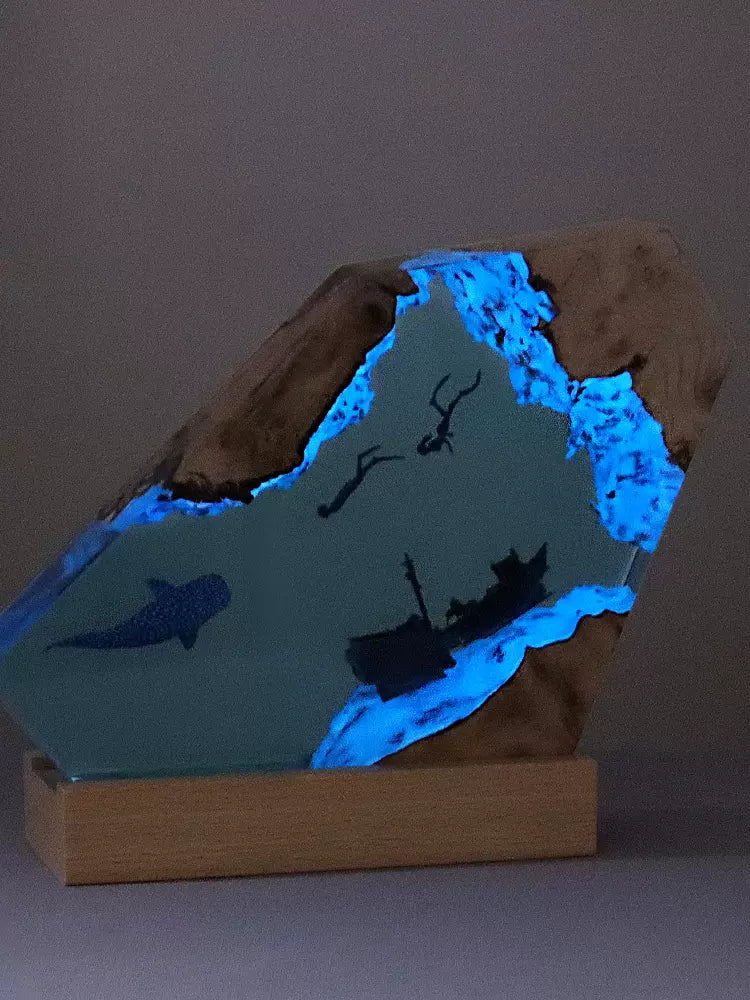 Ocean Art Shipwreck Night Light - Wooden Resin Shark & Whale Ornament for Home or Office