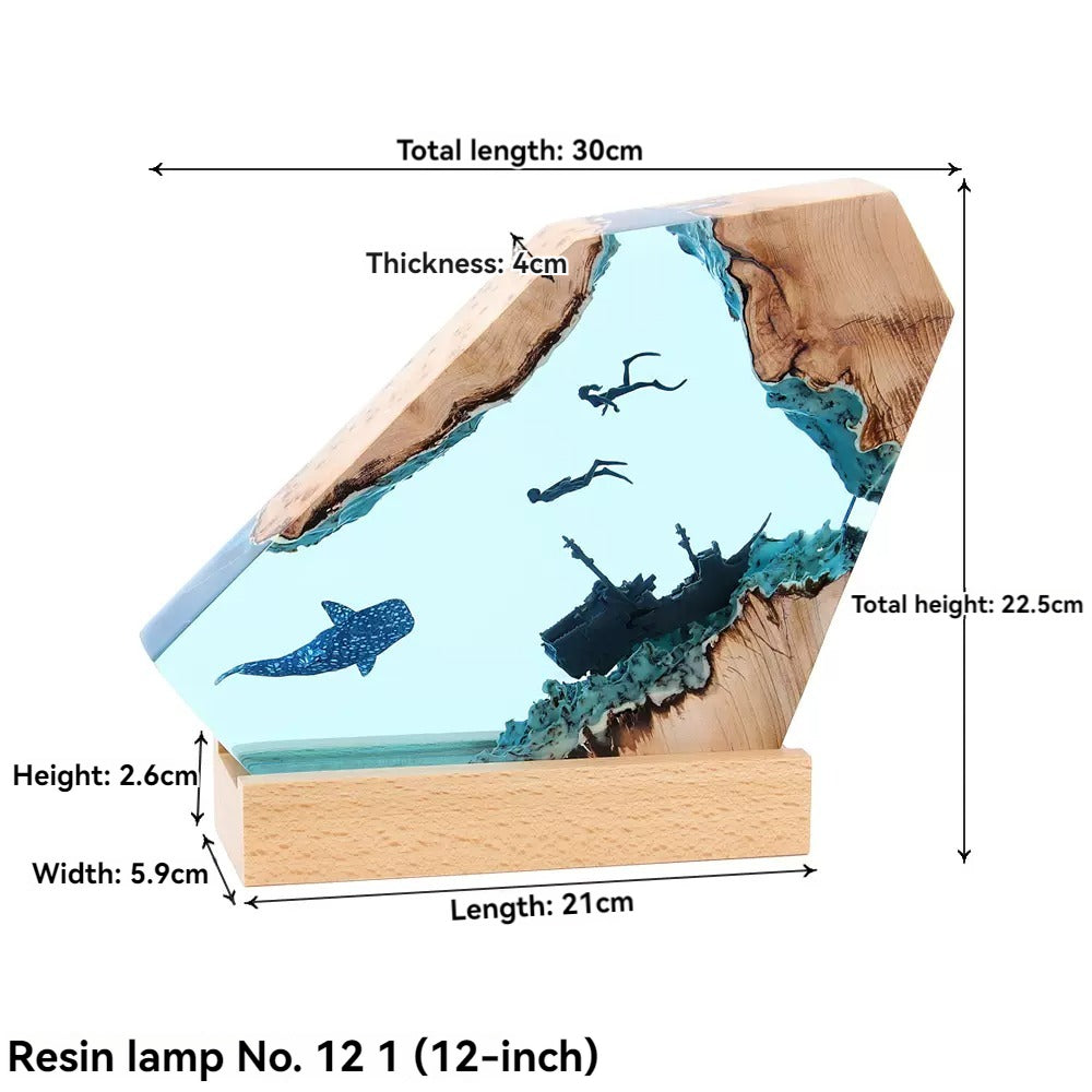 Ocean Art Shipwreck Night Light - Wooden Resin Shark & Whale Ornament for Home or Office