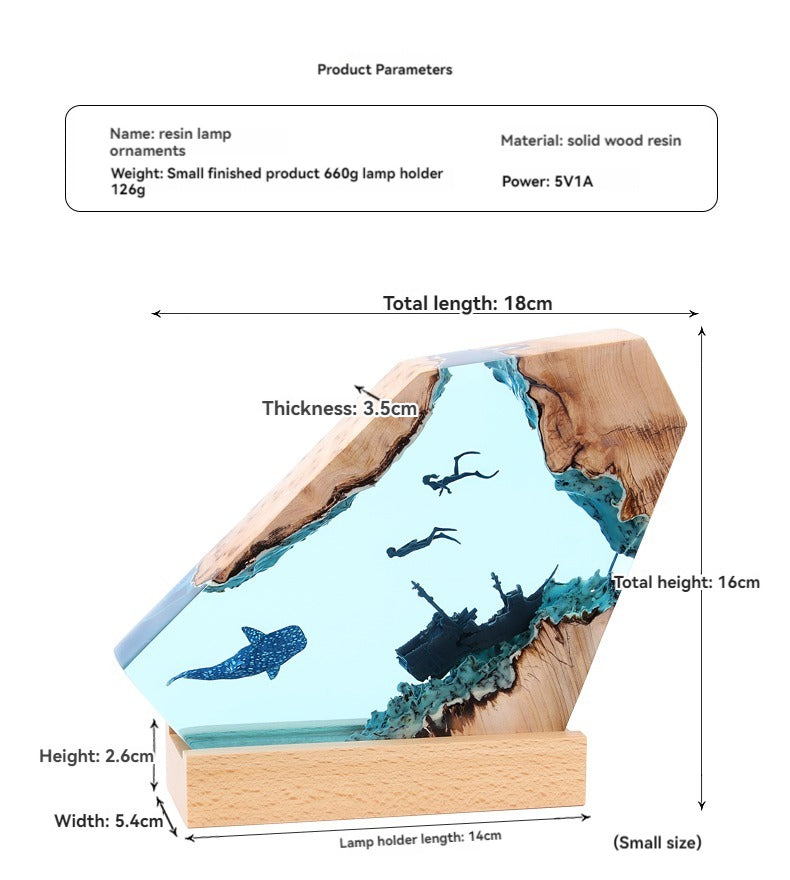 Ocean Art Shipwreck Night Light - Wooden Resin Shark & Whale Ornament for Home or Office